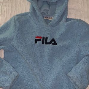 Cropped, baby blue FILA teddy hoodie